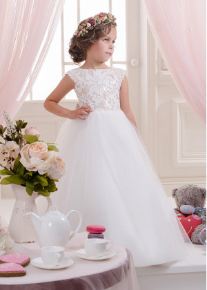 Cap Sleeves Tulle Pearl Beaded Flower Girl Dress